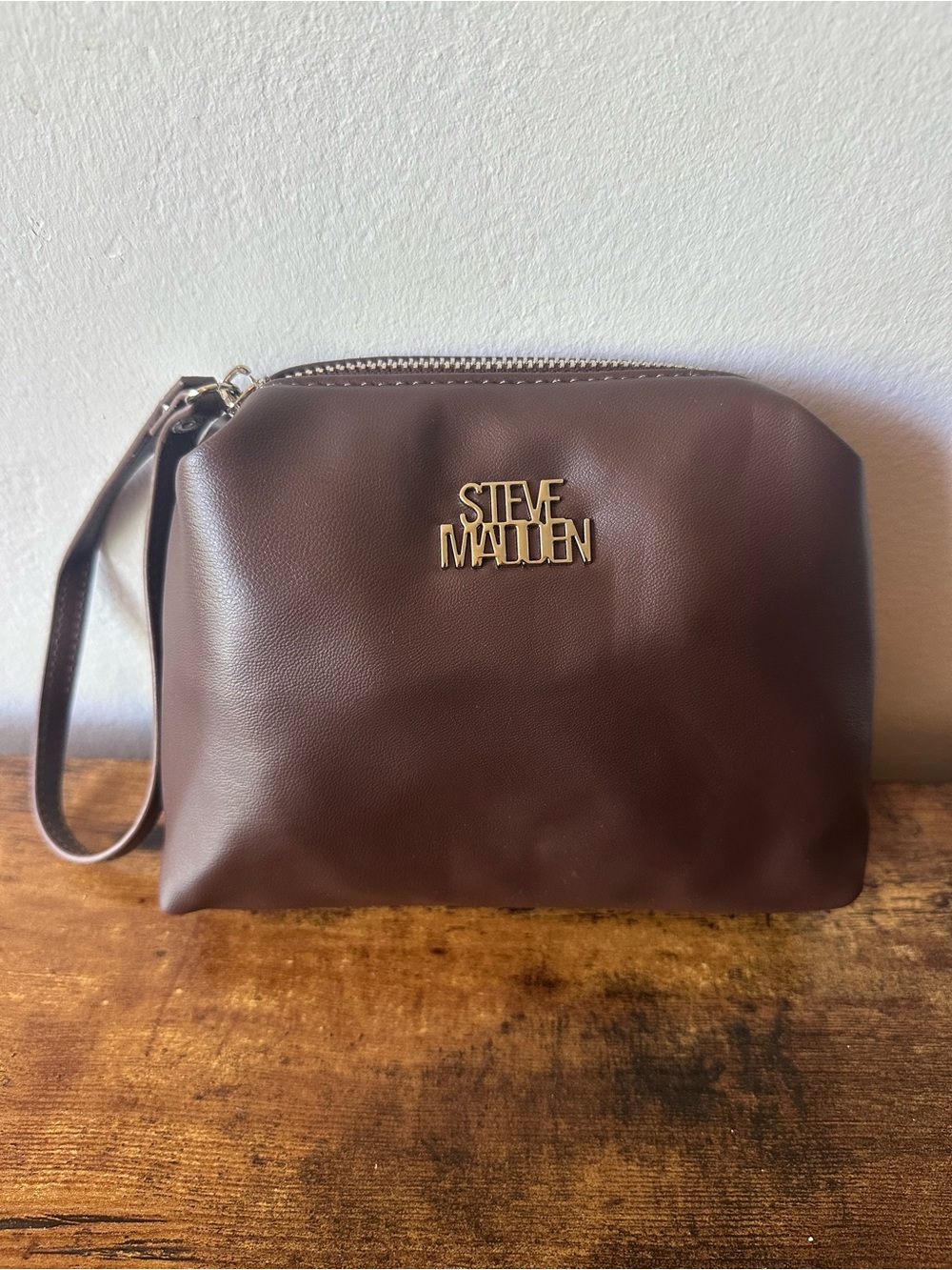Steve Madden Chocolate Brown Faux Leather Wristlet Pouch Clutch NWOT
